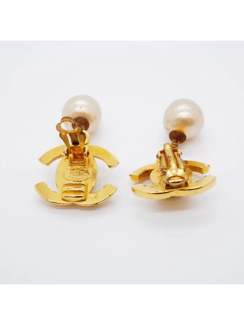 Chanel Earrings Vintage CC Logo Turnlock Gold Plated Faux Pearl